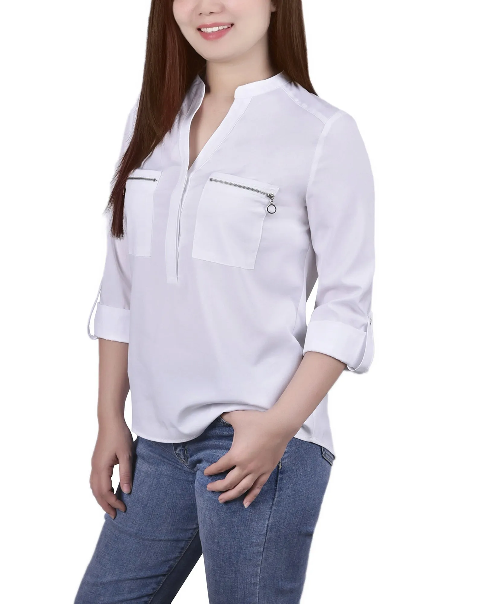 Blouse à encolure en Y avec tablier roulé 3/4 Hi Lo
