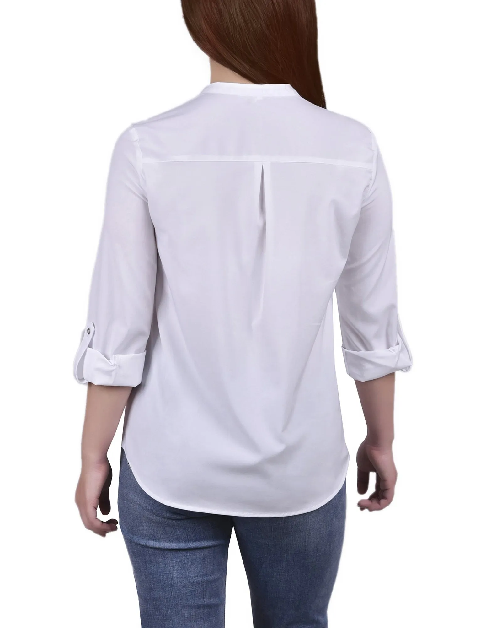 Blouse à encolure en Y avec tablier roulé 3/4 Hi Lo