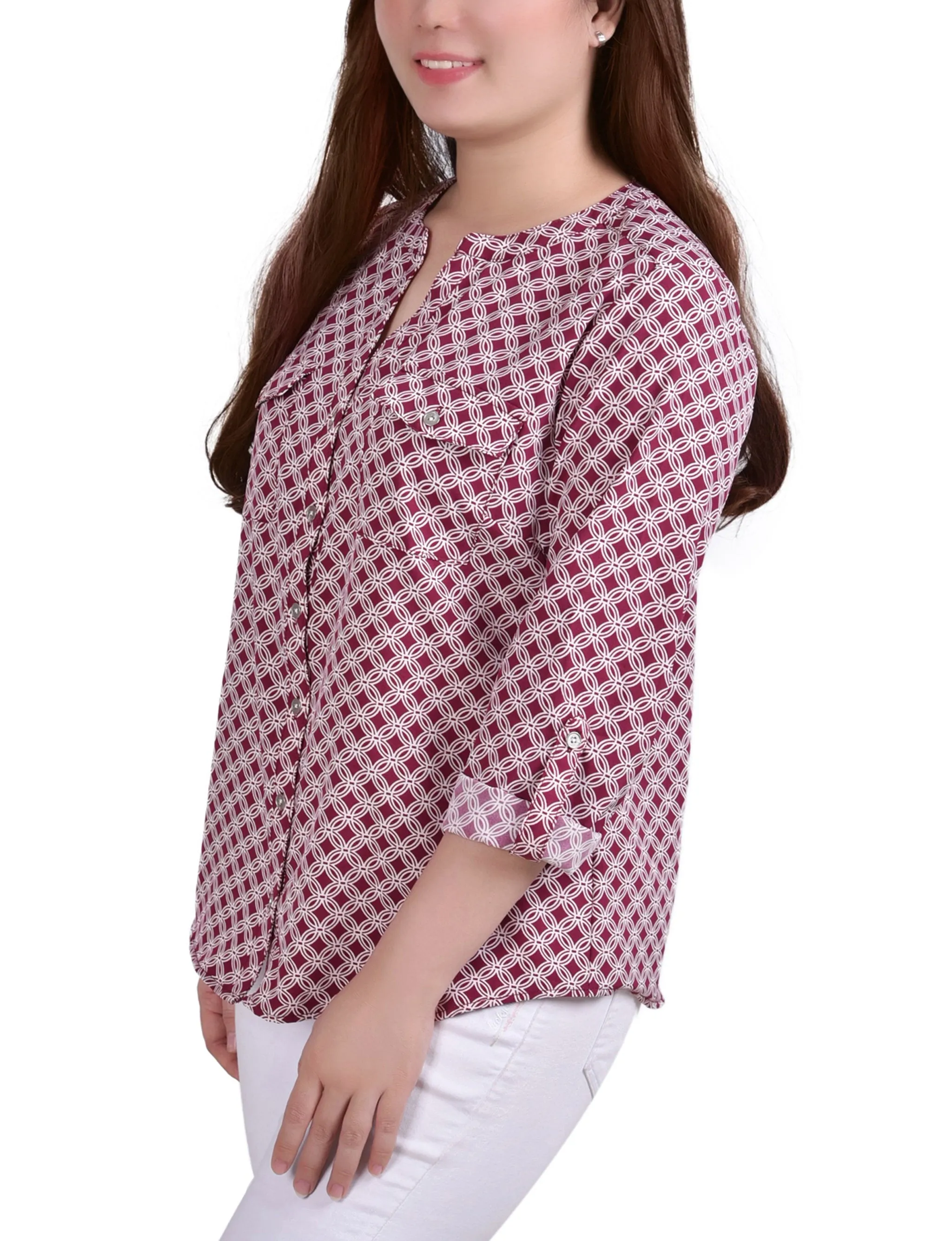 Blouse à col mandarin avec manches 3/4 à boutons pression
