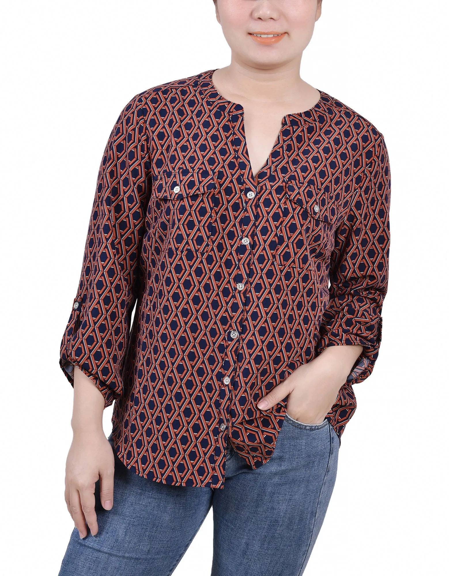 Blouse à col mandarin avec manches 3/4 à boutons pression