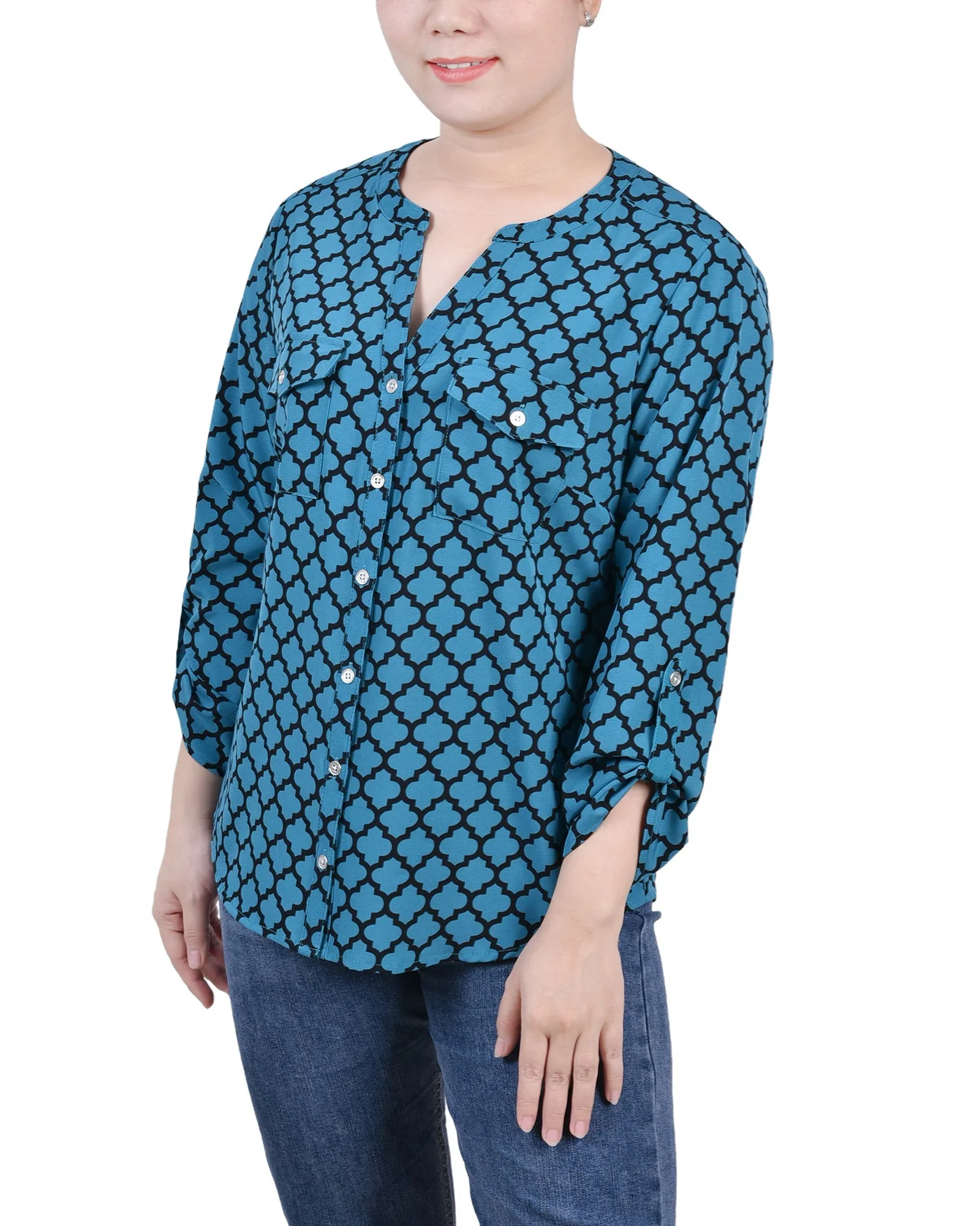 Blouse à col mandarin avec manches 3/4 à boutons pression