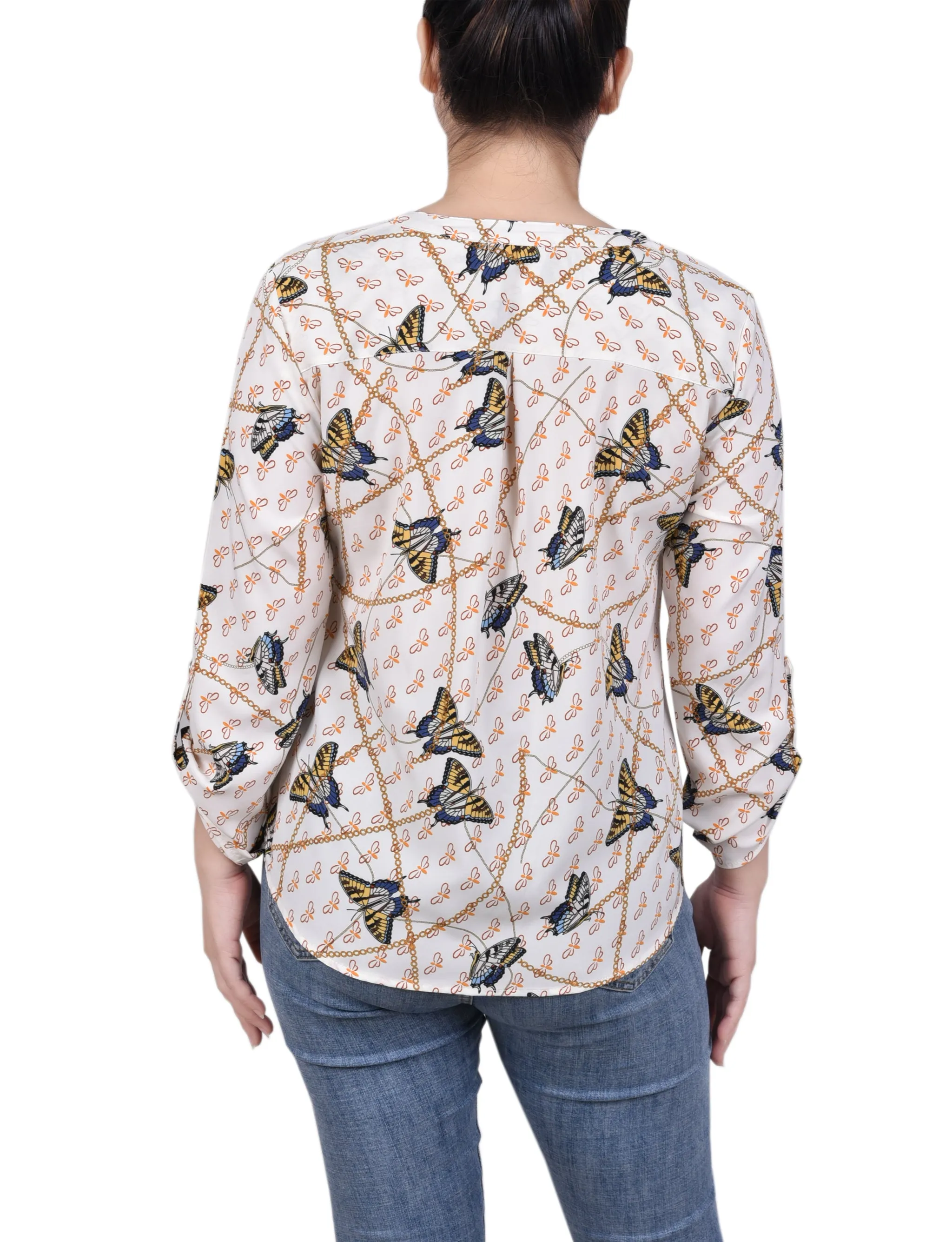 Blouse à col mandarin avec manches 3/4 à boutons pression
