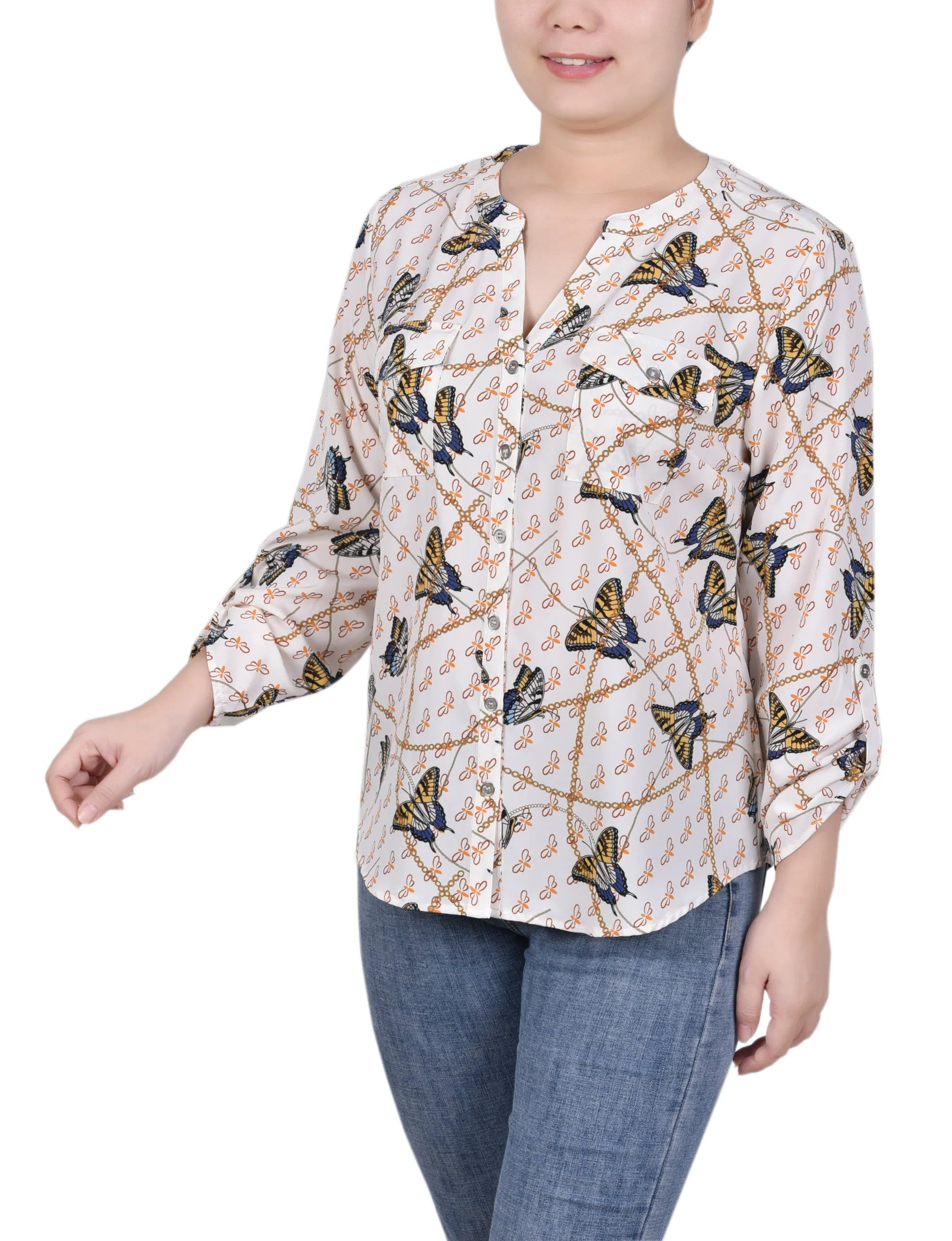 Blouse à col mandarin avec manches 3/4 à boutons pression