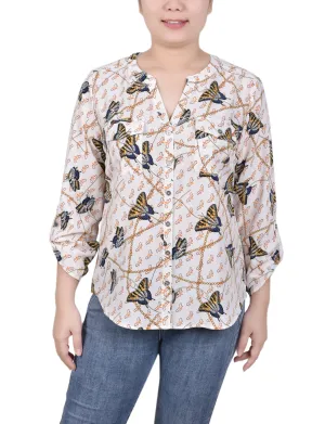3/4 Roll Tab Sleeve Mandarin Collar Blouse