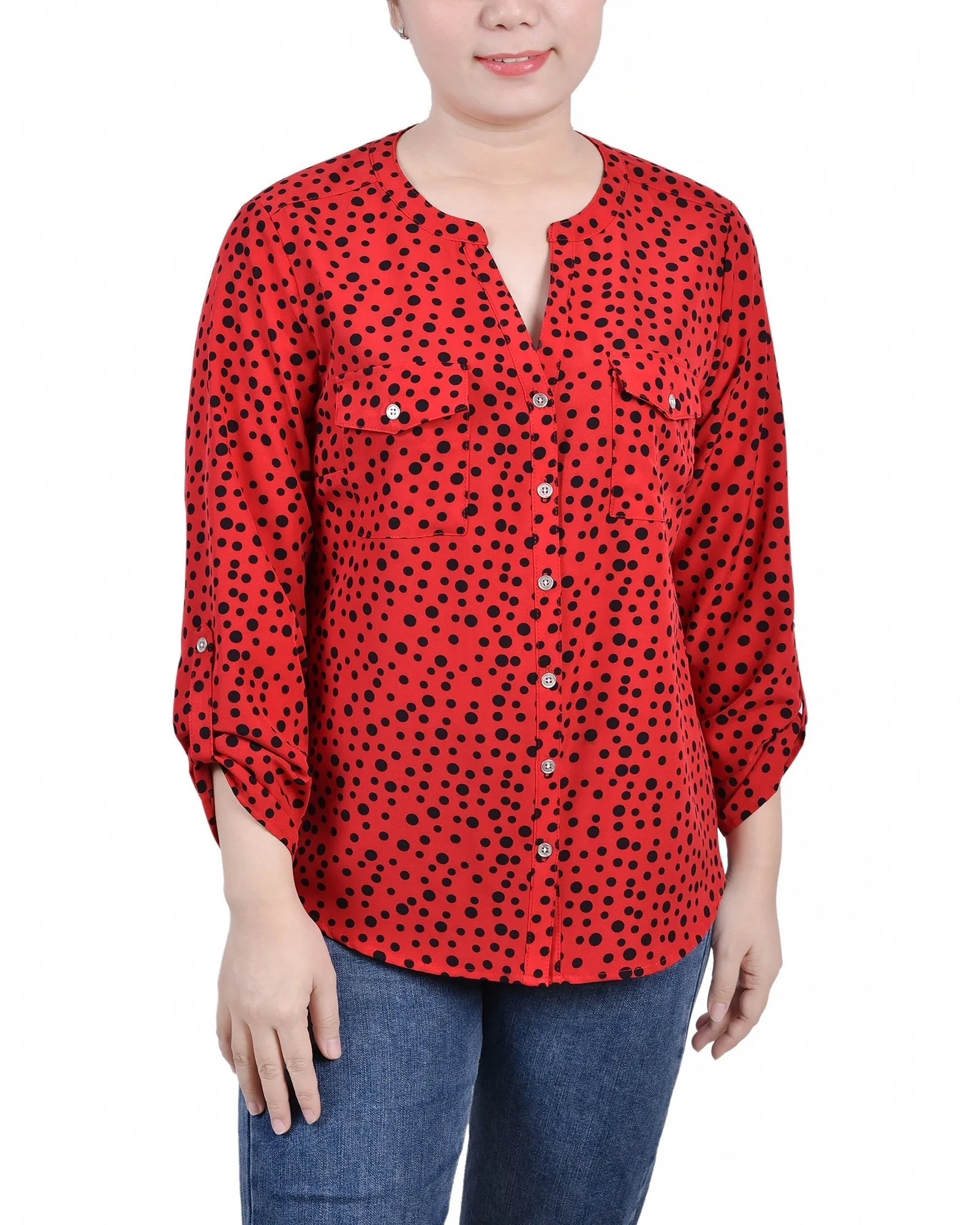 Blouse à col mandarin avec manches 3/4 à boutons pression