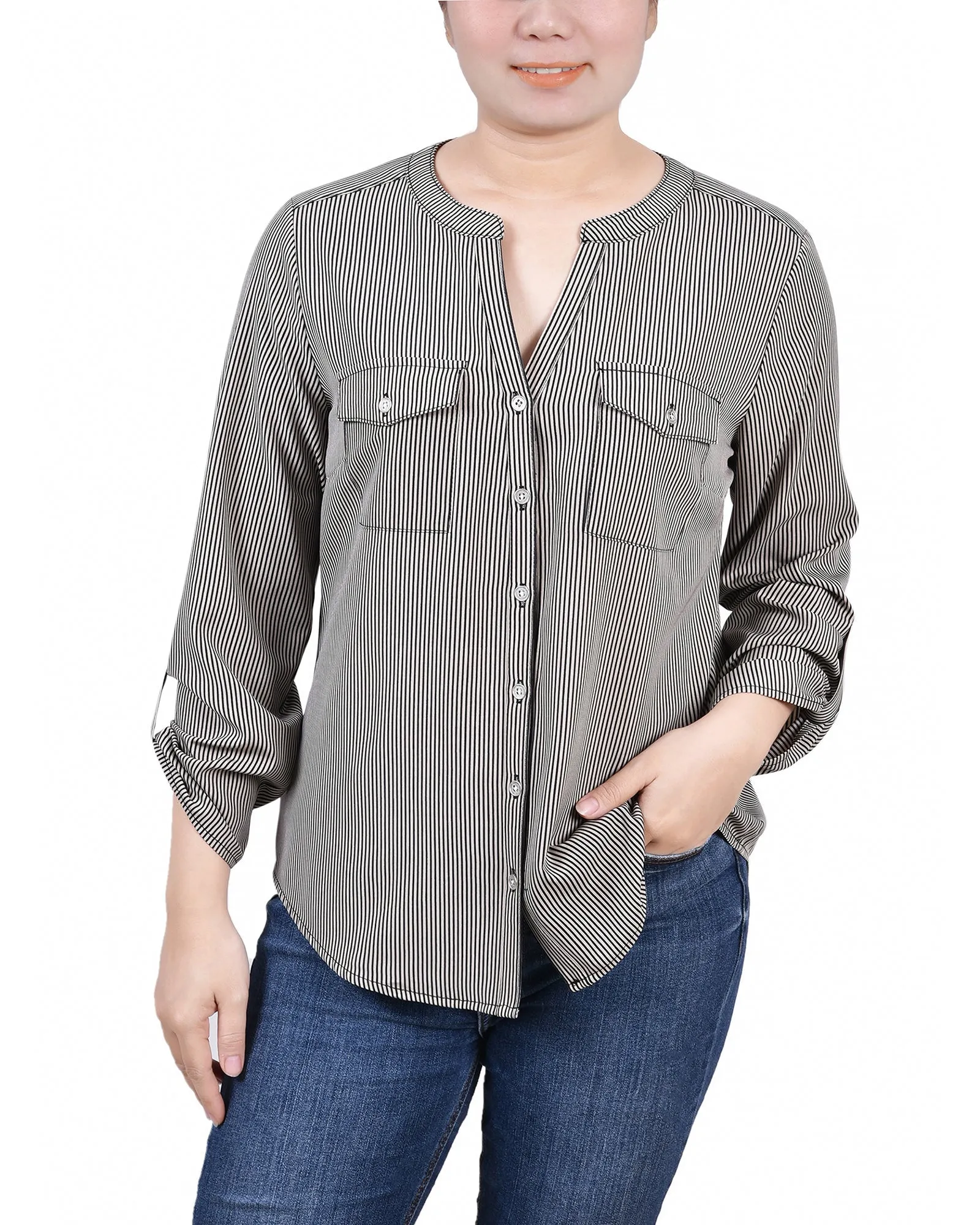 Blouse à col mandarin avec manches 3/4 à boutons pression