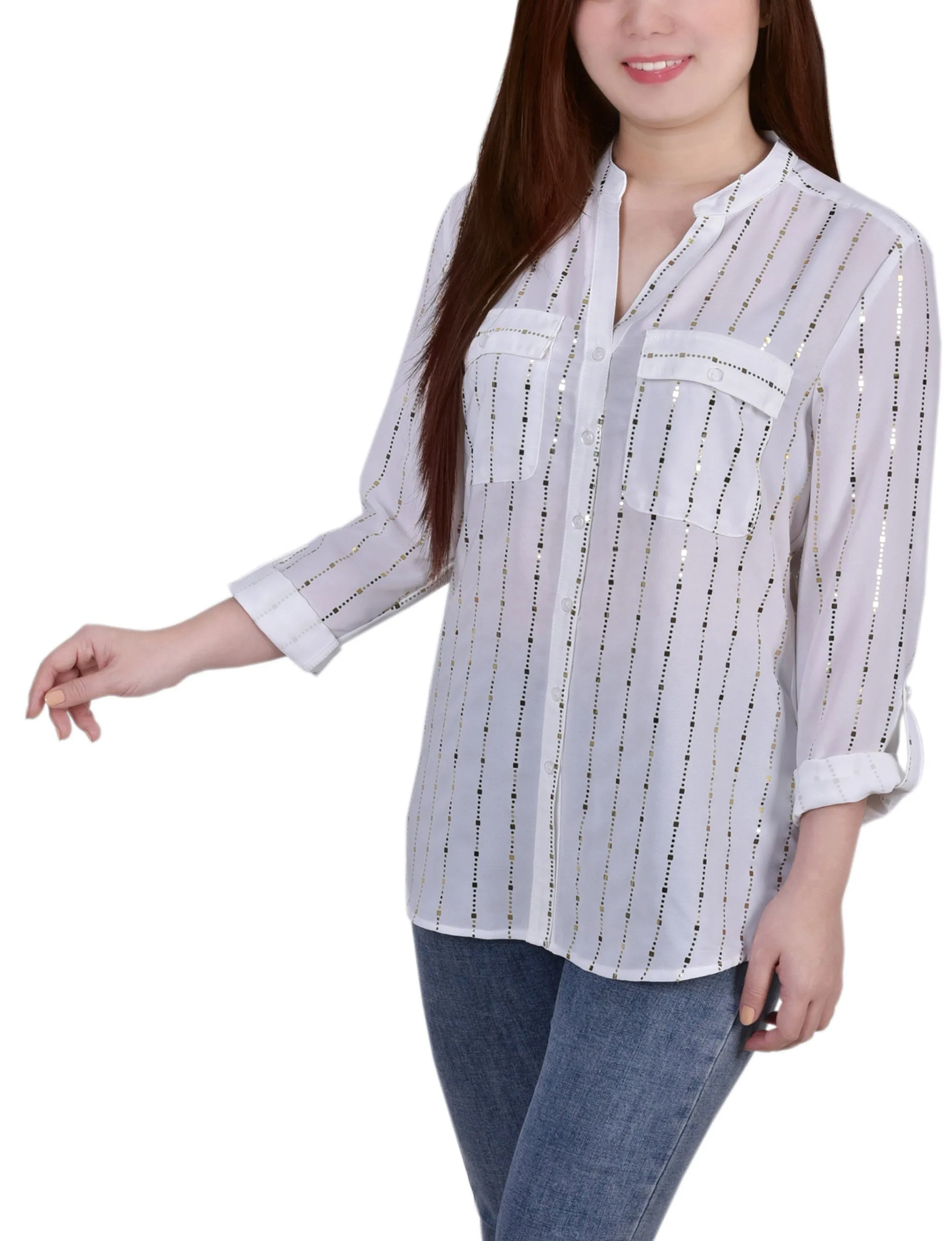 Blouse à manches 3/4 avec patte d'enroulement et détails métalliques