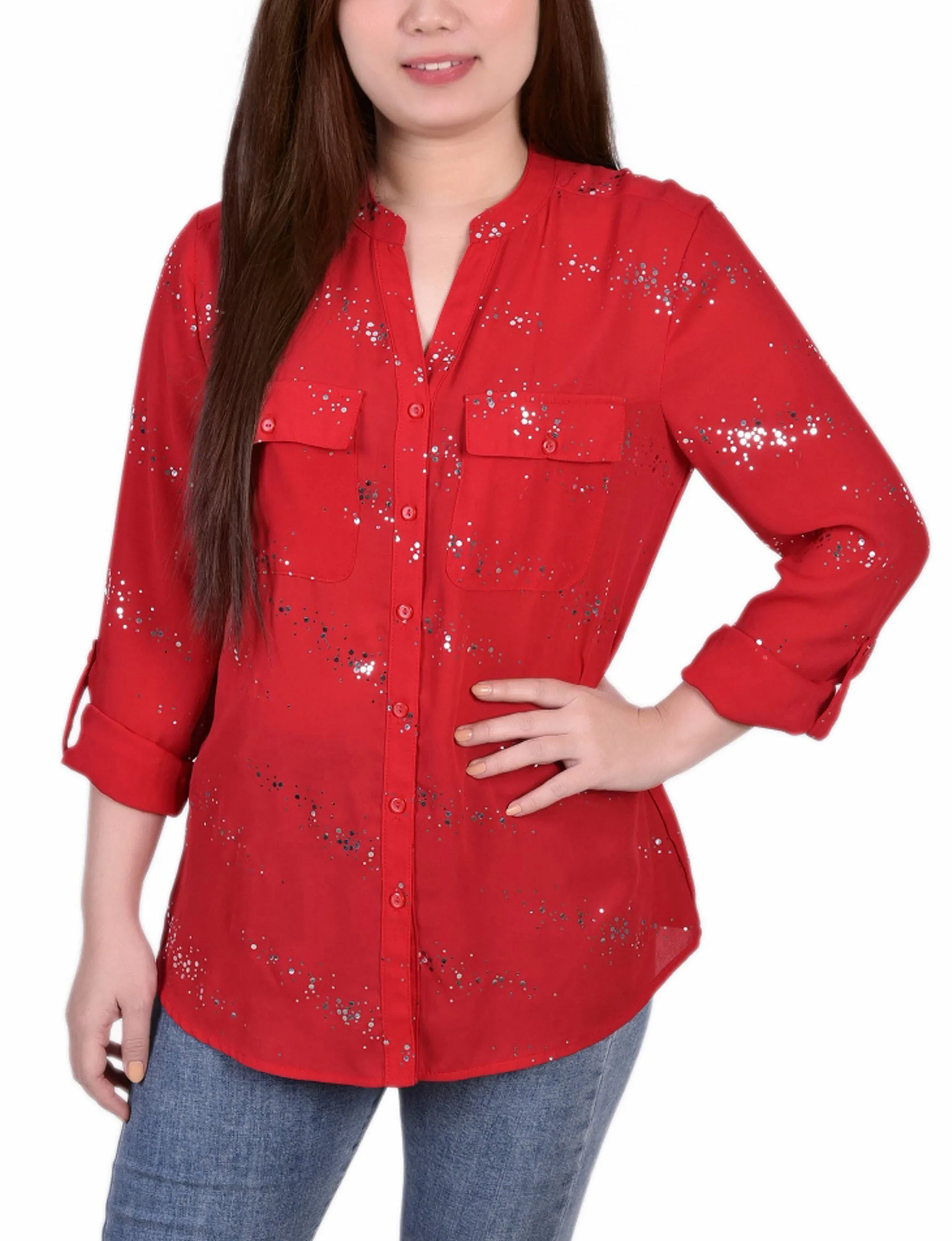 Blouse à manches 3/4 avec patte d'enroulement et détails métalliques