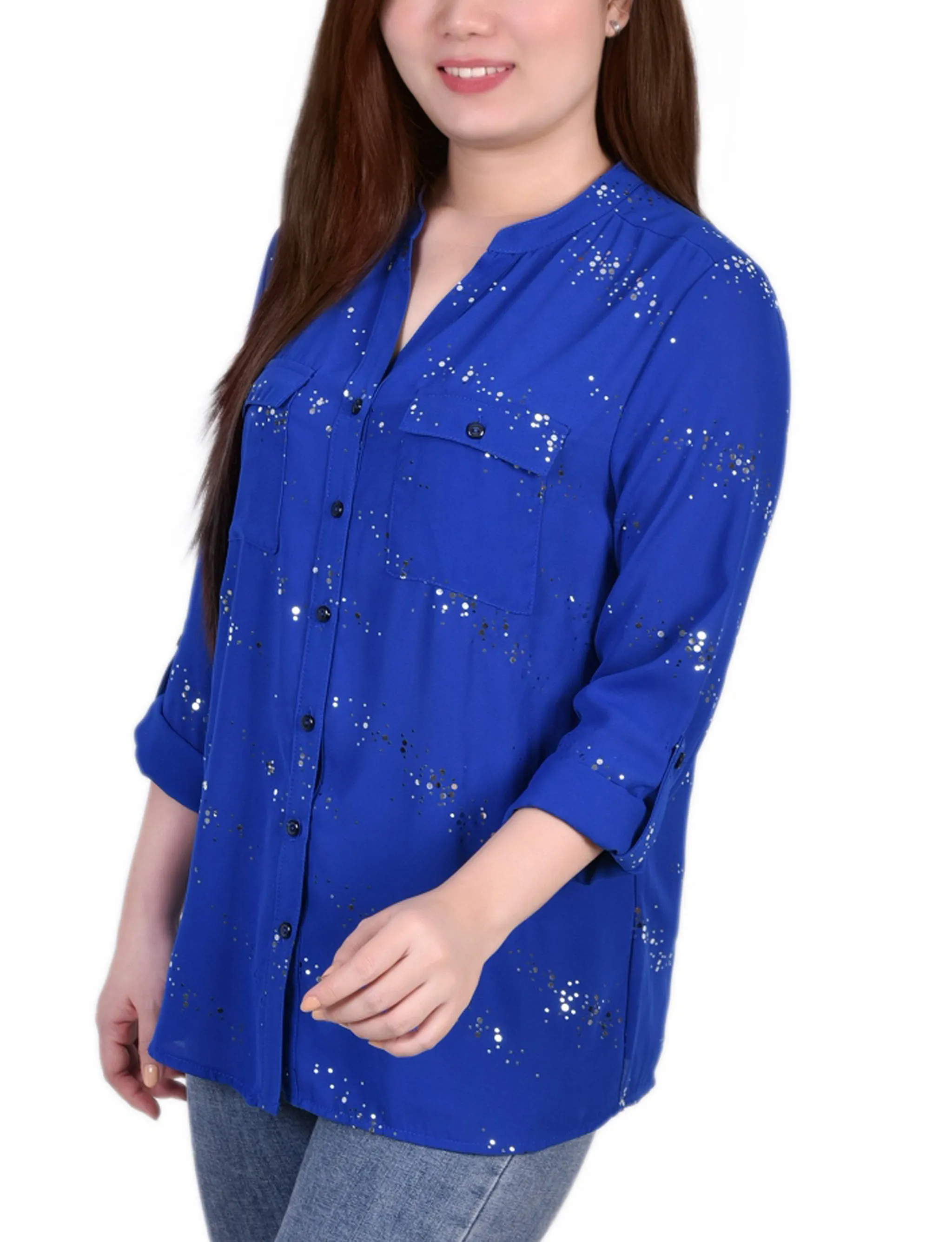 Blouse à manches 3/4 avec patte d'enroulement et détails métalliques