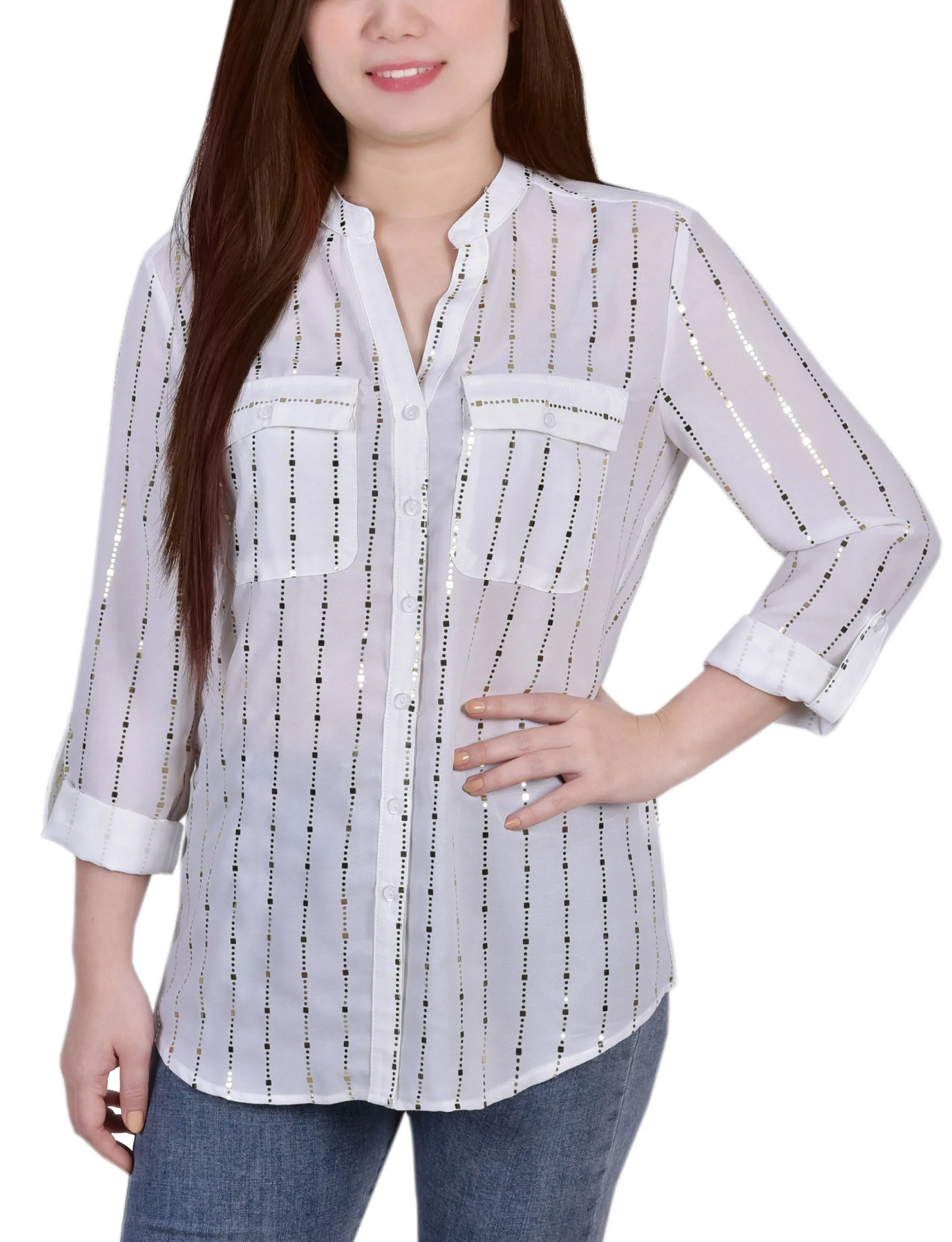 Blouse à manches 3/4 avec patte d'enroulement et détails métalliques