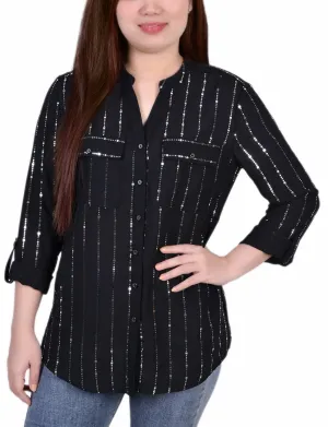 3/4 Sleeve Roll Tab Blouse With Metallic Details