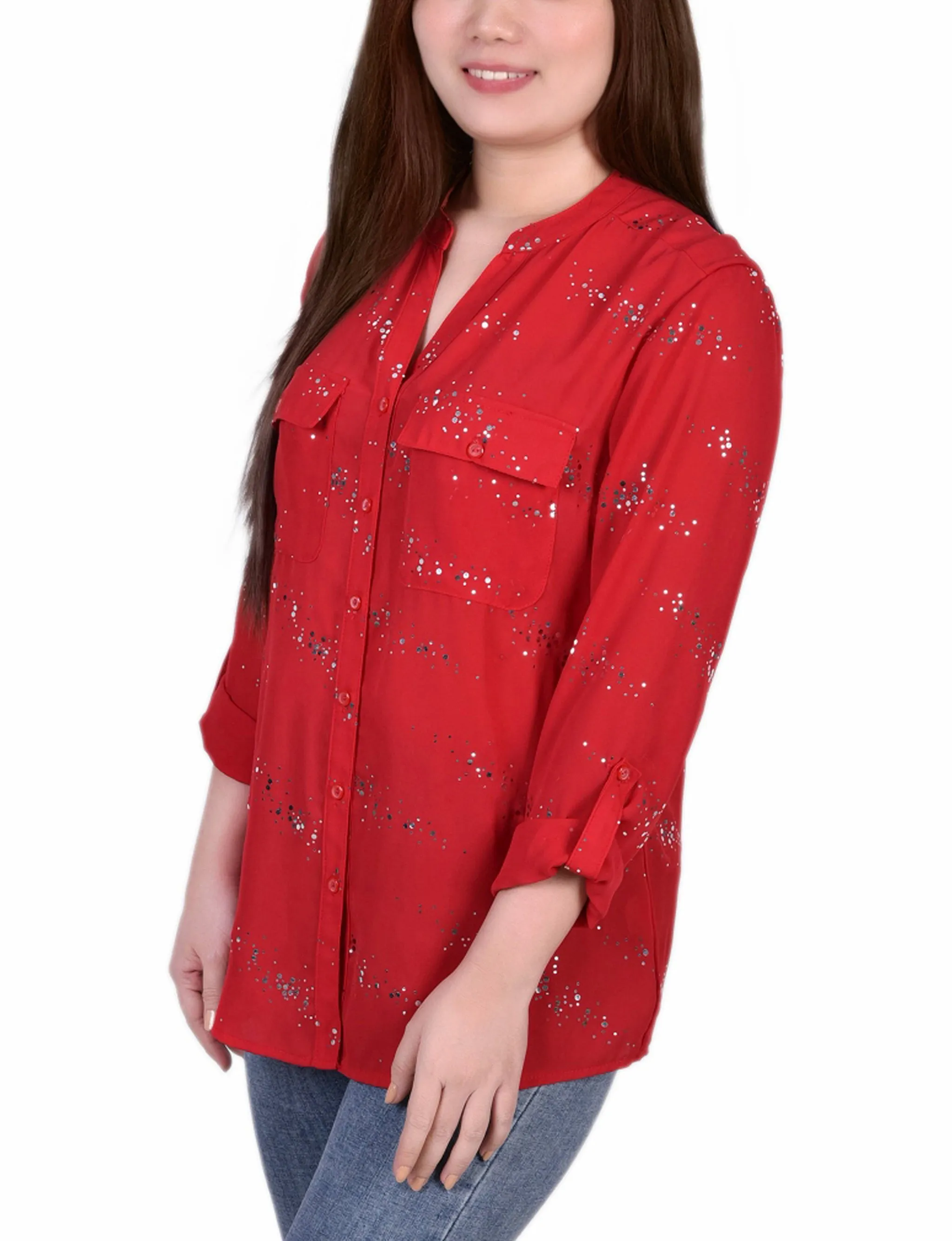 Blouse à manches 3/4 avec patte d'enroulement et détails métalliques