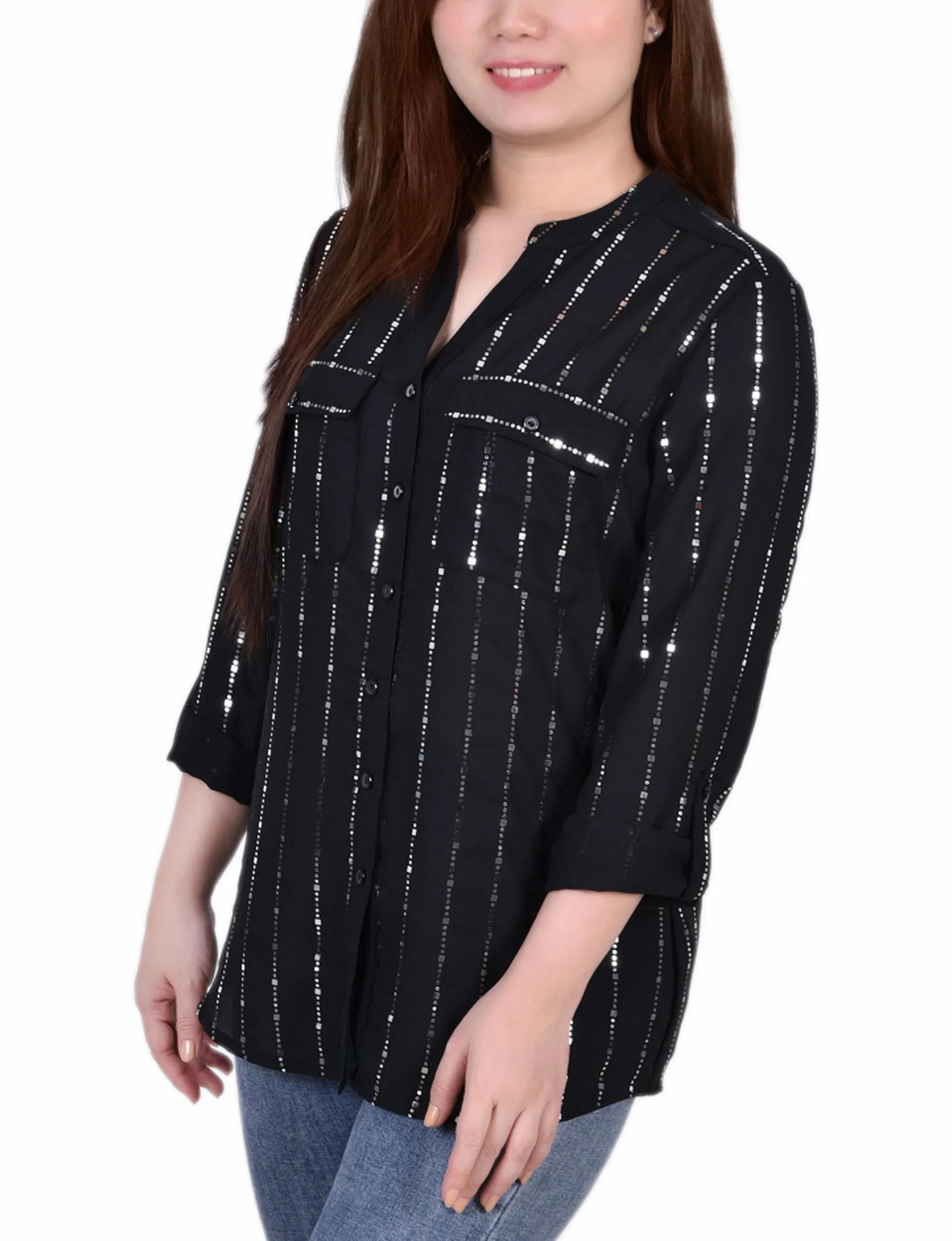 Blouse à manches 3/4 avec patte d'enroulement et détails métalliques