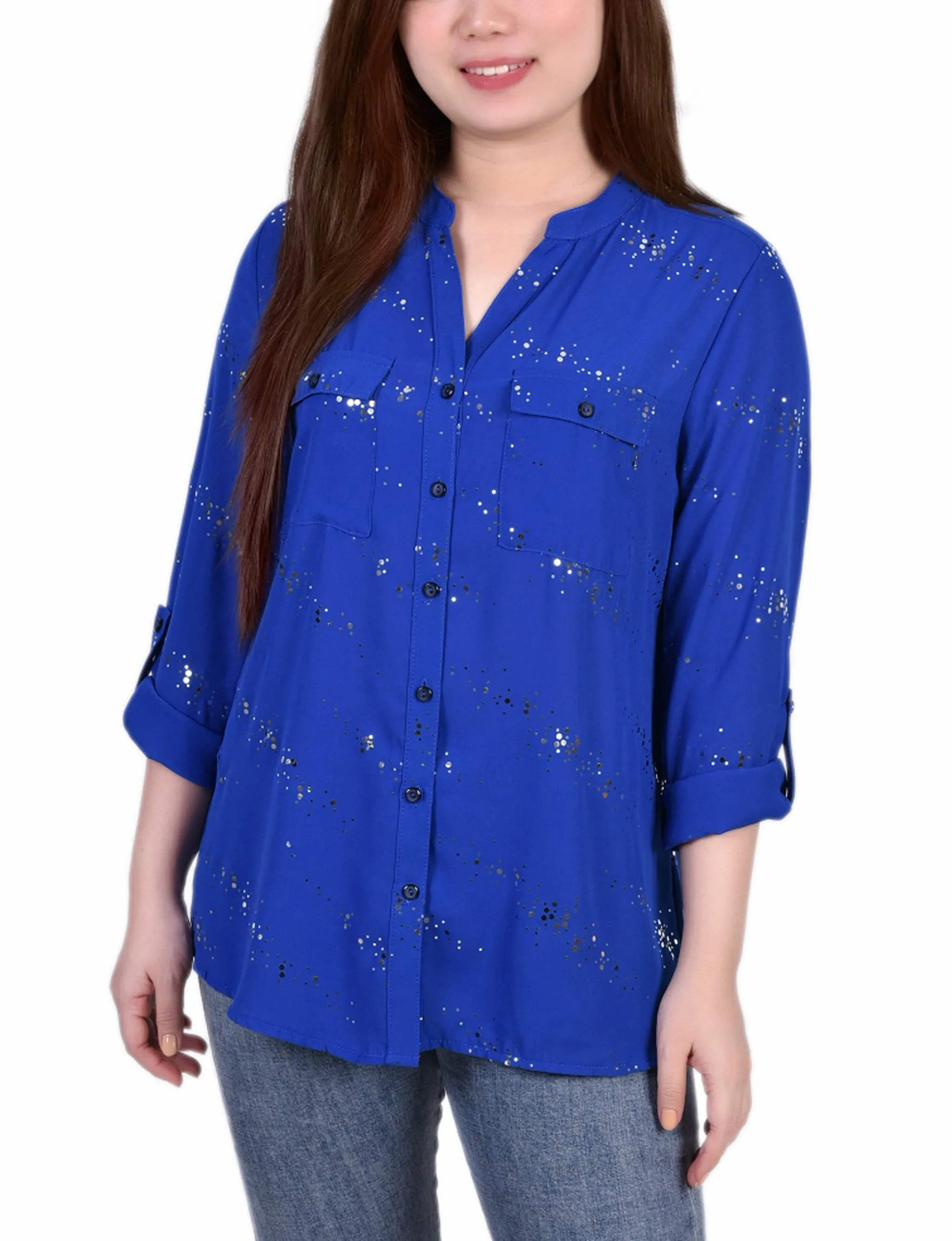 Blouse à manches 3/4 avec patte d'enroulement et détails métalliques