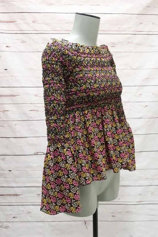 A.L.C. Blouse Agra Imprimé floral rose en soie Taille 2 Haut à épaules dénudées avec manches cloche