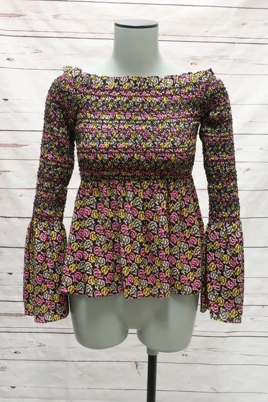 A.L.C. Blouse Agra Imprimé floral rose en soie Taille 2 Haut à épaules dénudées avec manches cloche