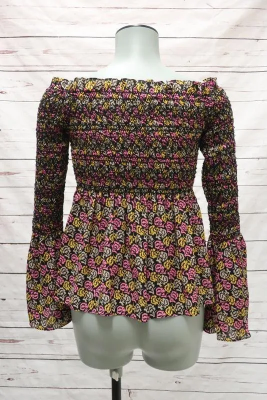 A.L.C. Blouse Agra Imprimé floral rose en soie Taille 2 Haut à épaules dénudées avec manches cloche