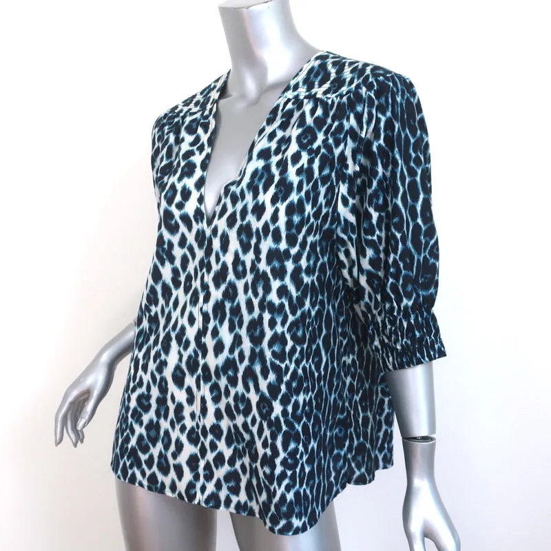 A.L.C. Haut à manches bouffantes Elton Blue Imprimé léopard Taille 10 Blouse à col en V