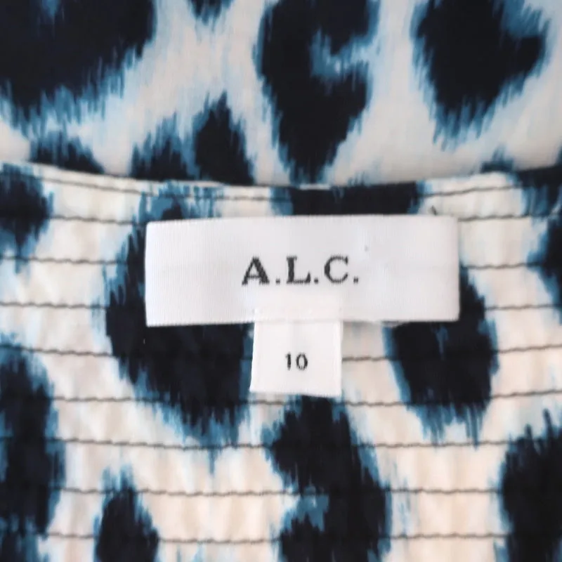 A.L.C. Haut à manches bouffantes Elton Blue Imprimé léopard Taille 10 Blouse à col en V
