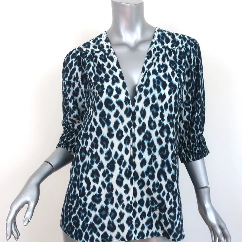 A.L.C. Haut à manches bouffantes Elton Blue Imprimé léopard Taille 10 Blouse à col en V