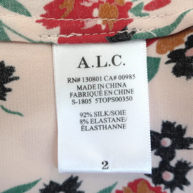 A.L.C. Chemise en Soie Leomie Imprimé Floral Rose Clair Taille 2 Blouse à Manches Longues