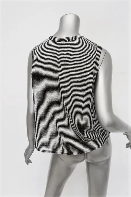 A.L.C. Tank Braxton Noir et Blanc Rayé en Lin Taille Petite Haut Sans Manches à Volants