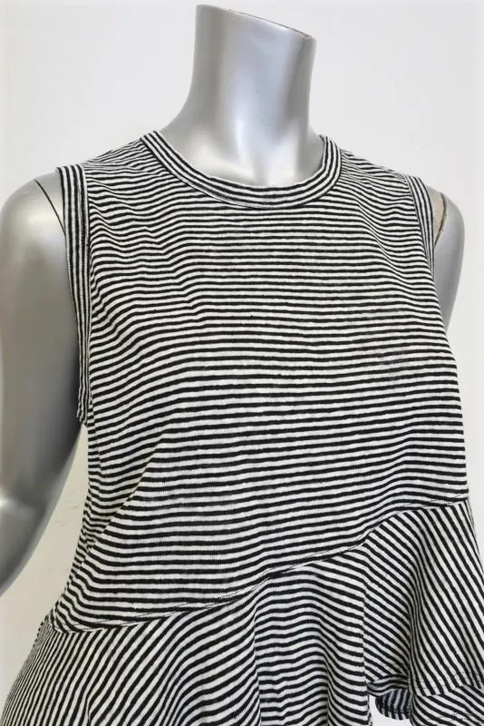 A.L.C. Tank Braxton Noir et Blanc Rayé en Lin Taille Petite Haut Sans Manches à Volants