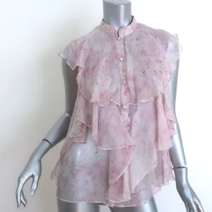 Alexander McQueen Sleeveless Ruffle Blouse Light Pink Printed Chiffon Size 40