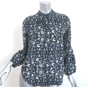 Apiece Apart Bravo Popover Top Navy Printed Silk Size 0 Long Sleeve Blouse