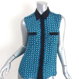 Aquilano Rimondi Collared Shirt Blue Printed Silk Size 40 Sleeveless Blouse