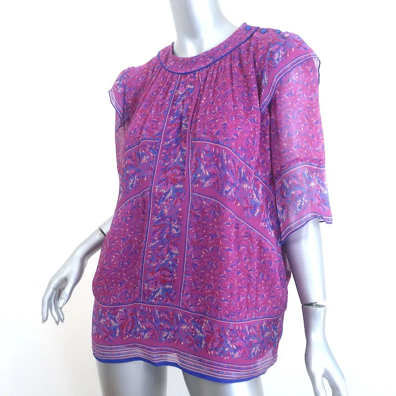 Ba&sh Moccha Haut Fuchsia Imprimé Floral Chiffon Taille 3 Blouse à Manches Courtes