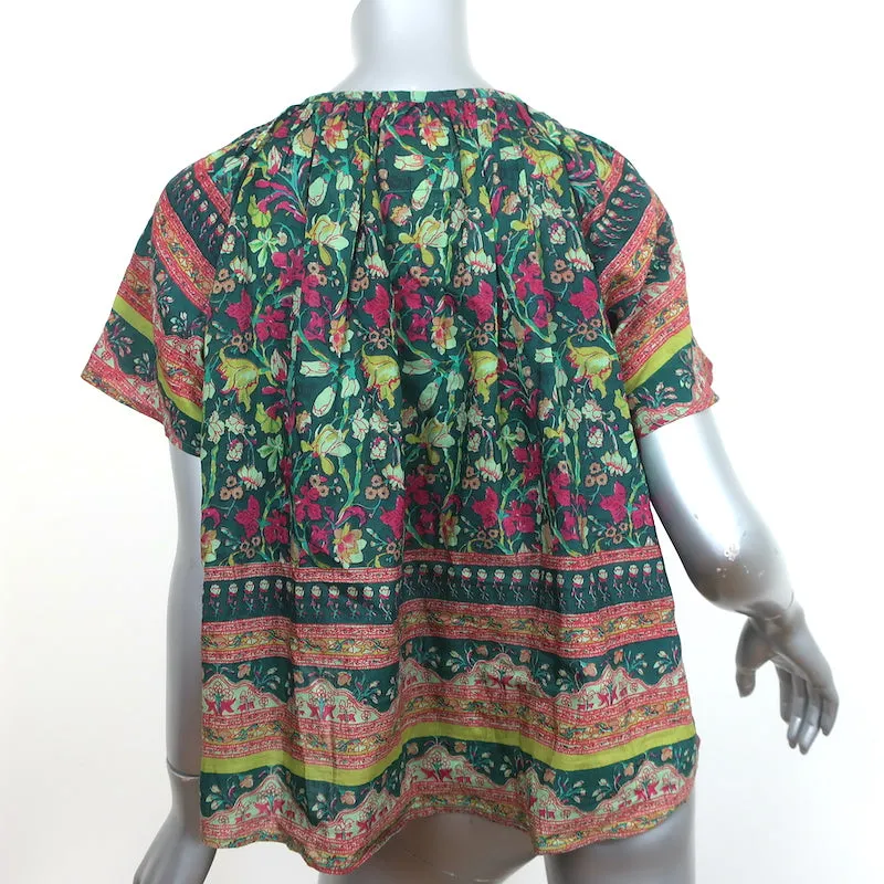 Blouse à Pompons Vert Imprimé Florale Coton-Soie Taille Moyenne Manches Volantes