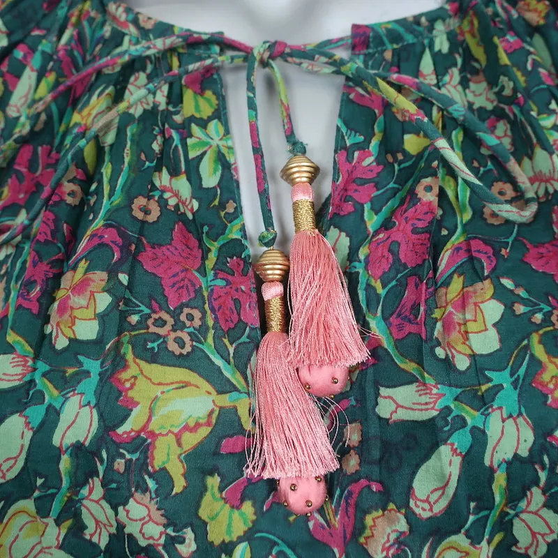 Blouse à Pompons Vert Imprimé Florale Coton-Soie Taille Moyenne Manches Volantes