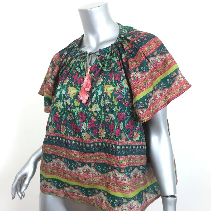 Blouse à Pompons Vert Imprimé Florale Coton-Soie Taille Moyenne Manches Volantes