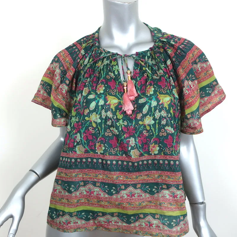 Blouse à Pompons Vert Imprimé Florale Coton-Soie Taille Moyenne Manches Volantes