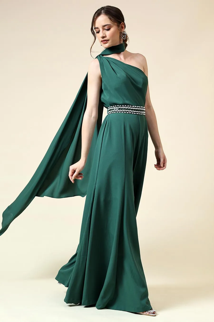 Combinaison drapée verte Botle avec ceinture ornée