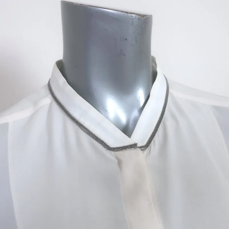 Brunello Cucinelli Monili-Trim Blouse à Boutons Crème en Soie Élasticisée Taille Large