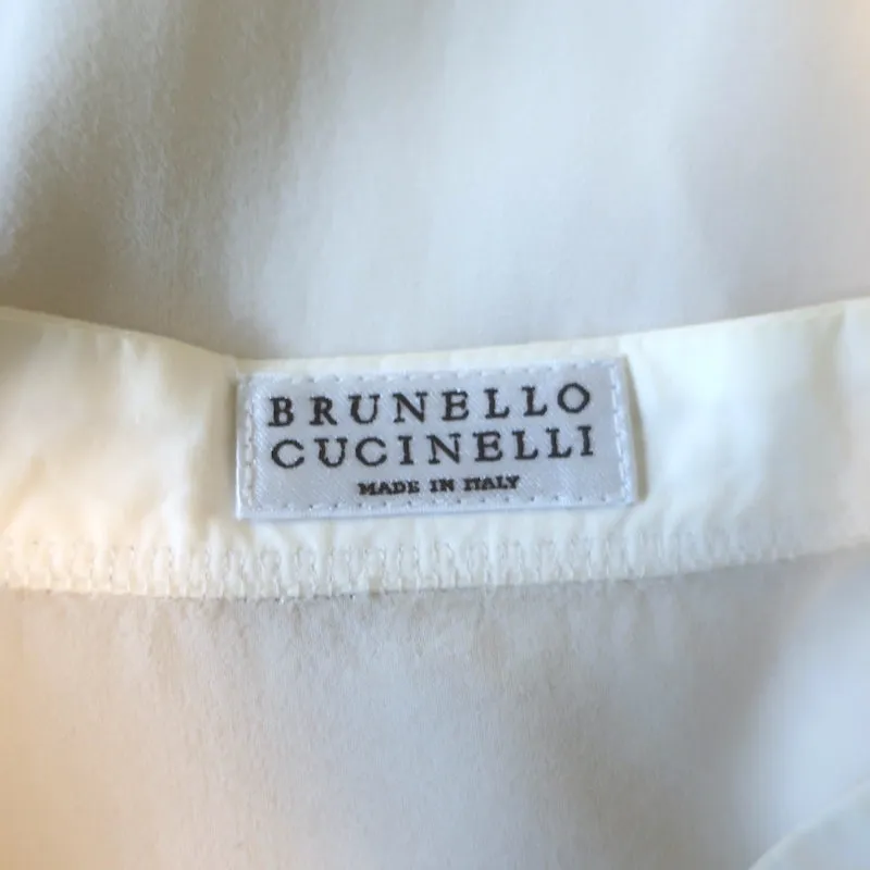 Brunello Cucinelli Monili-Trim Blouse à Boutons Crème en Soie Élasticisée Taille Large