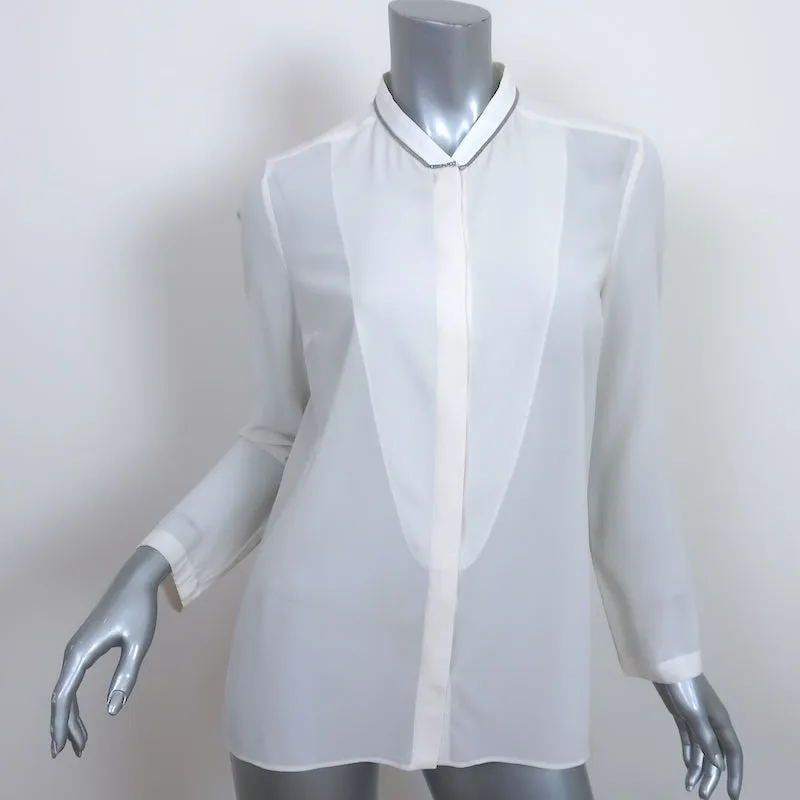 Brunello Cucinelli Monili-Trim Blouse à Boutons Crème en Soie Élasticisée Taille Large
