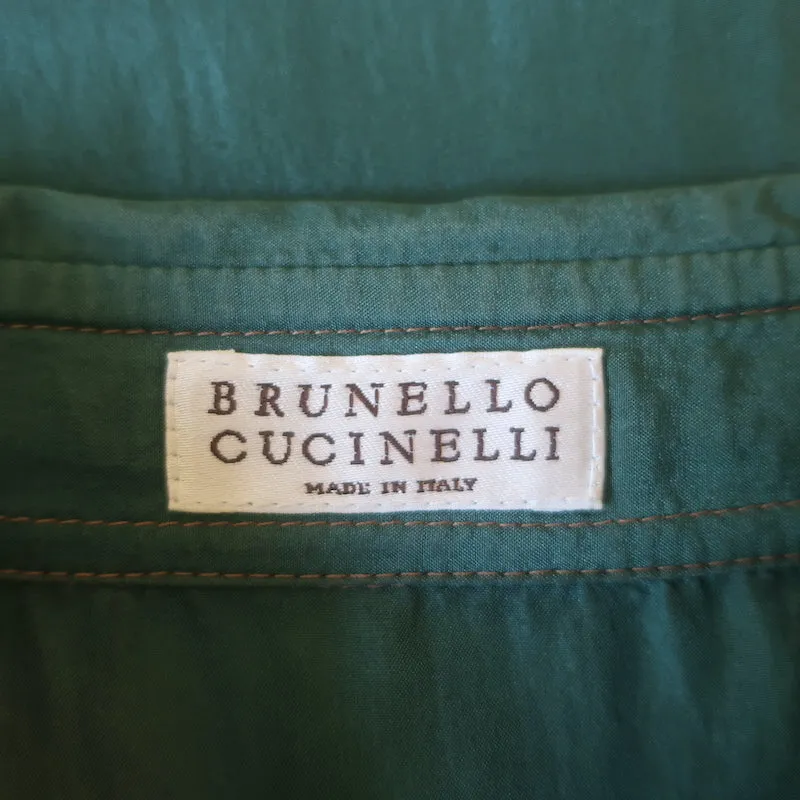 Brunello Cucinelli Chemise occidentale en soie verte Taille moyenne Blouse à manches retroussées
