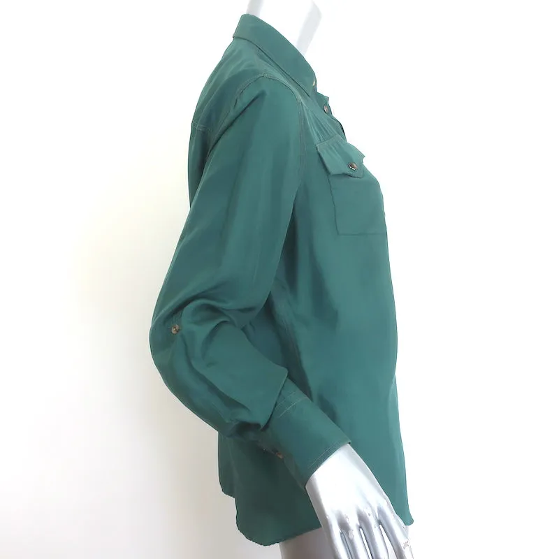 Brunello Cucinelli Chemise occidentale en soie verte Taille moyenne Blouse à manches retroussées