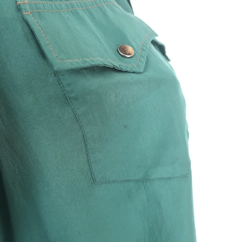 Brunello Cucinelli Chemise occidentale en soie verte Taille moyenne Blouse à manches retroussées