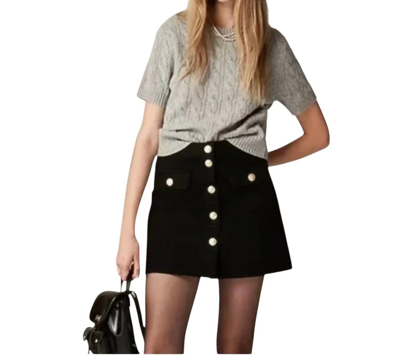 Mini-jupe en denim à boutons devant en noir