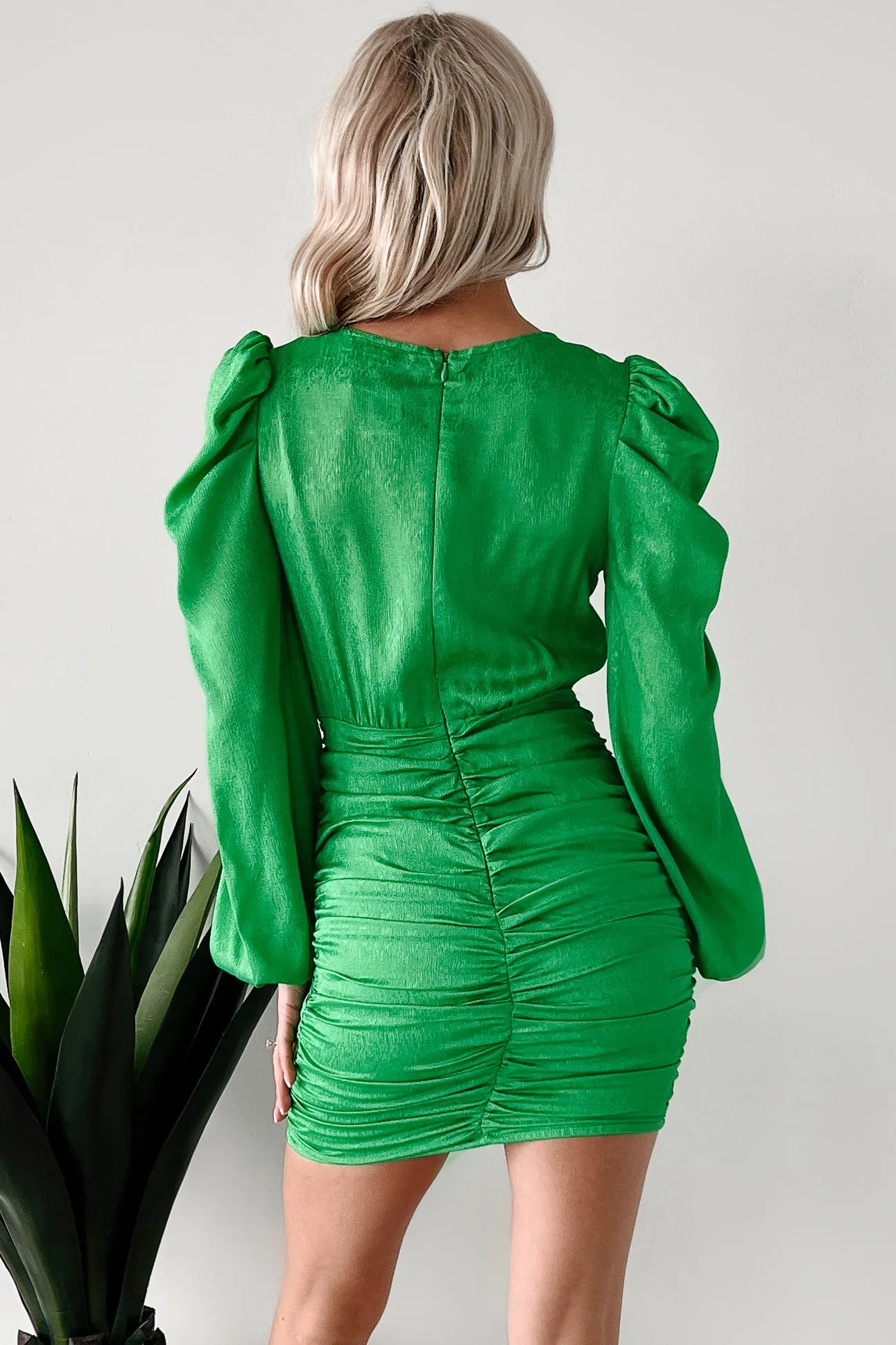 Robe mini charmante à manches ballon et ruchées pour jardin party (Vert)