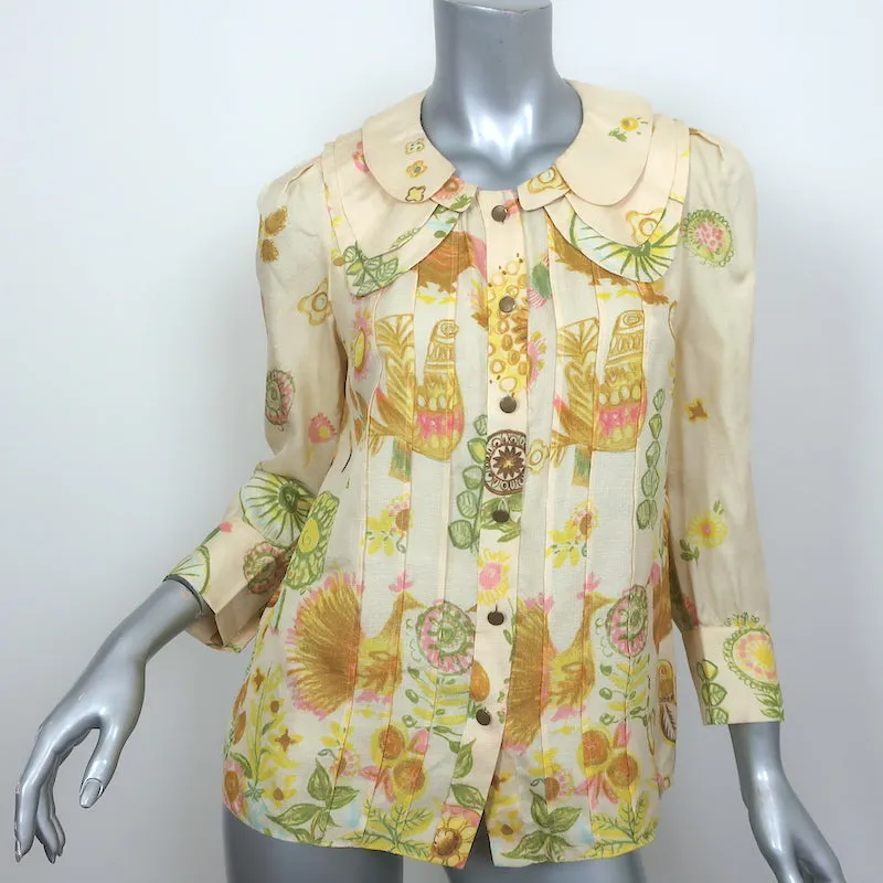 Chloe Blouse Boutonnée Jaune Clair en Soie Imprimée Taille 38 Top à Triple Col