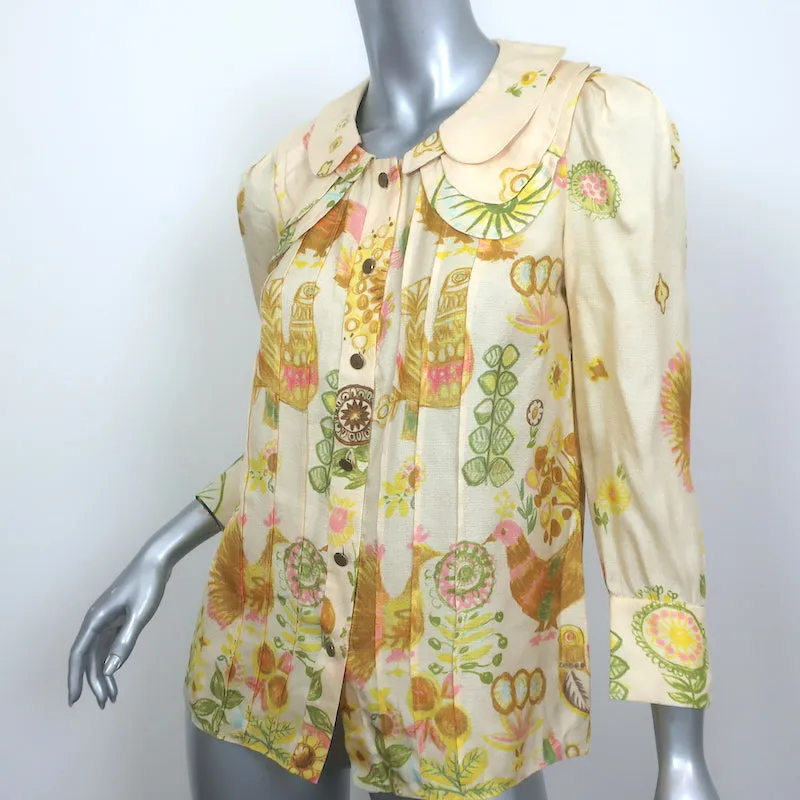 Chloe Blouse Boutonnée Jaune Clair en Soie Imprimée Taille 38 Top à Triple Col