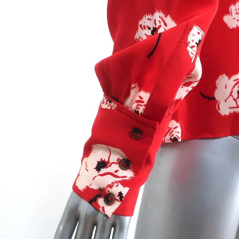 Derek Lam 10 Crosby Blouse Asymétrique Rouge à Fleurs en Soie Taille 2 Haut à Manches Longues