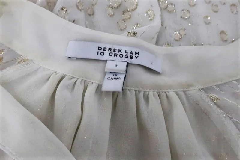 Derek Lam 10 Crosby Blouse Crème/Or Métallique Fil Coupé Taille 2 Haut à Manches Nouées