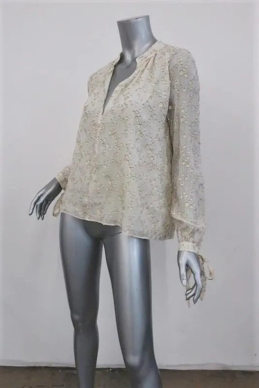 Derek Lam 10 Crosby Blouse Crème/Or Métallique Fil Coupé Taille 2 Haut à Manches Nouées
