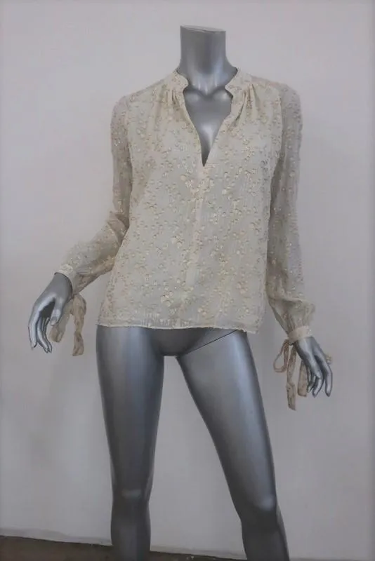 Derek Lam 10 Crosby Blouse Crème/Or Métallique Fil Coupé Taille 2 Haut à Manches Nouées